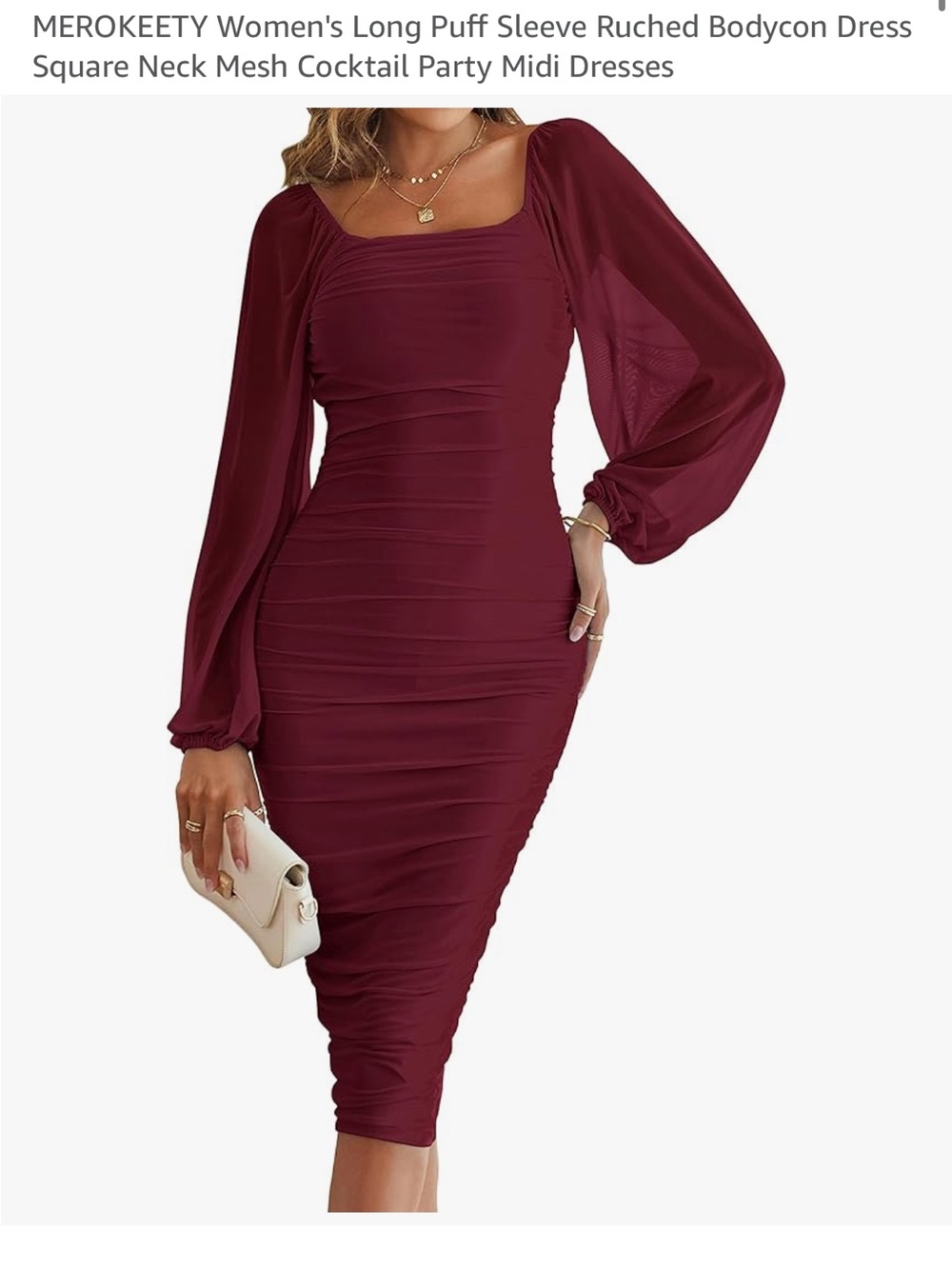 Ruched Long-Sleeve Midi Dress In Burgundy